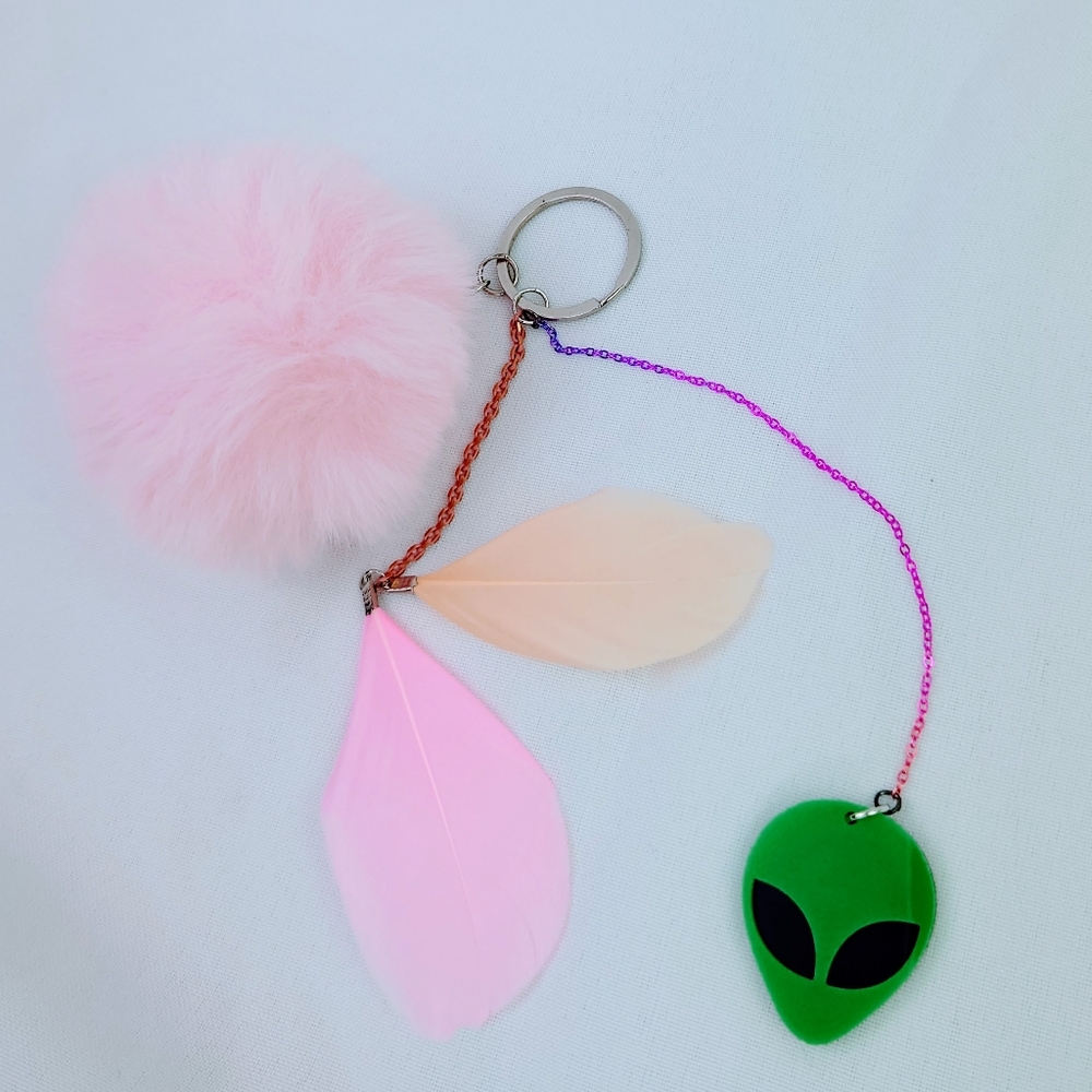 Alien Bag Charm Keychain Fluffy Pom Ball